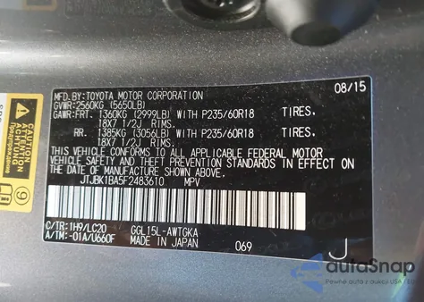 2015 Lexus Rx 350 z USA, uszkodzony, nr VIN JTJBK1BA5F2483610